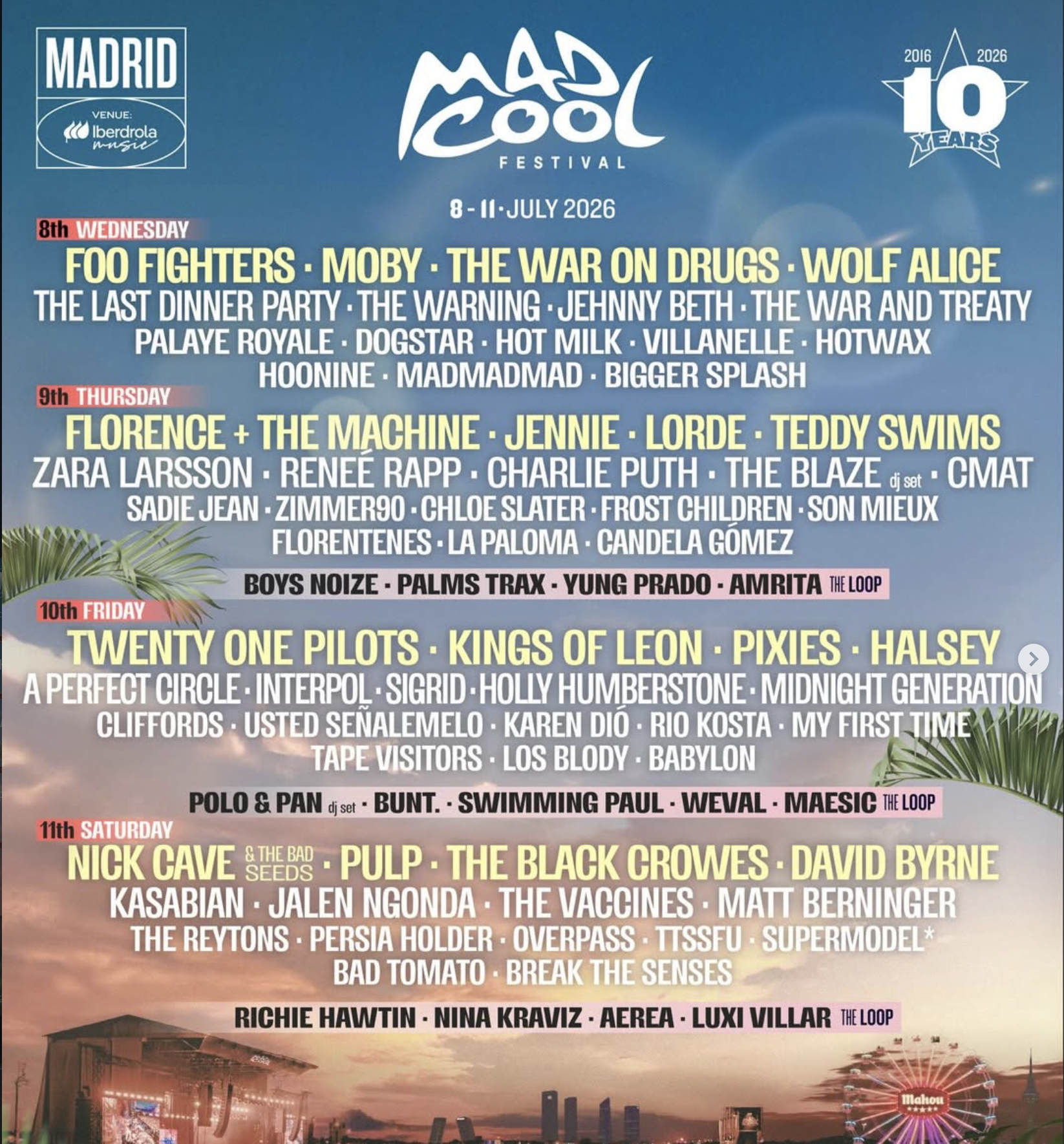 ესპანეთი / მადრიდი / MadCool 2026 (7 ივლისი – 12 ივლისი)